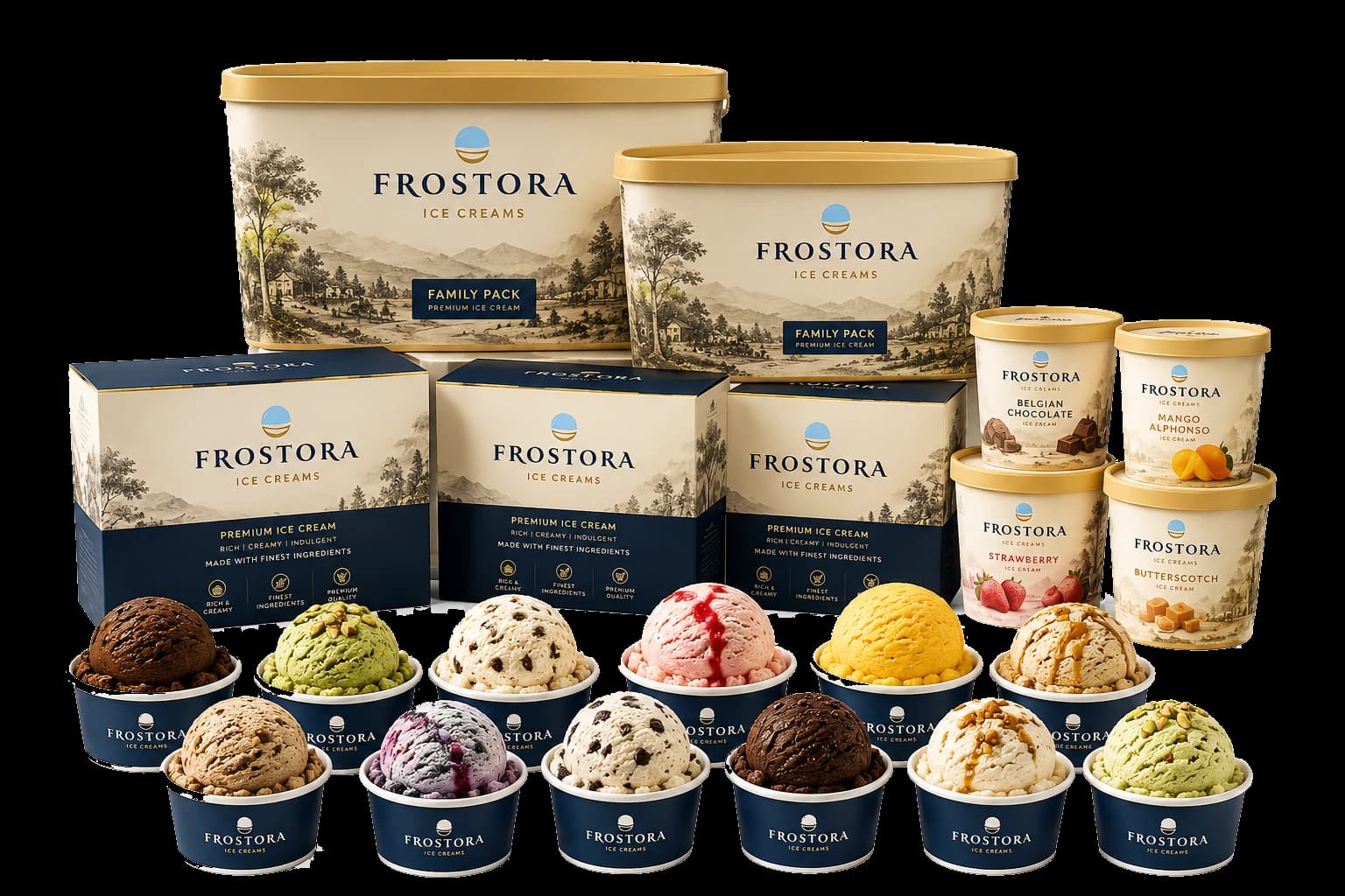 The full Frostora range: family packs, premium ice cream boxes, single tubs, and signature flavor cups