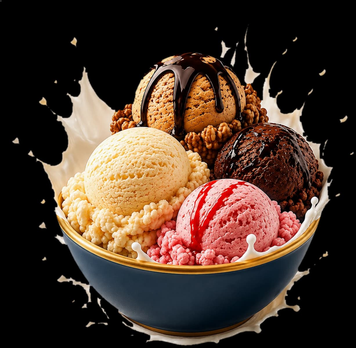 A bowl of Frostora chocolate, vanilla, coffee, and strawberry ice cream scoops with a milk splash