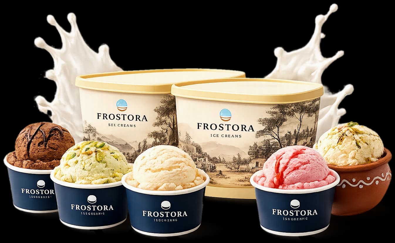 Frostora ice cream cups, tubs, and a clay pot with chocolate, pistachio, vanilla, and strawberry flavors, with milk splashes